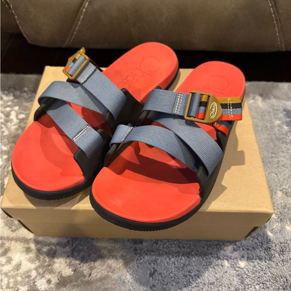 Chaco Women’s Red Footbed Slide Sandals with Gray Webbing